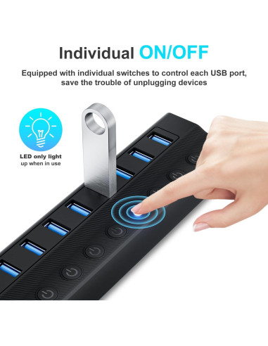 Hub USB 3.0 Alimentado Miuhhur 10 Puertos con Interruptores LED