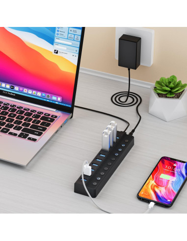 Hub USB 3.0 Alimentado Miuhhur 10 Puertos con Interruptores LED