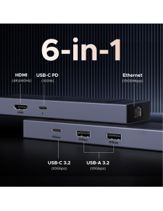 UGREEN Hub USB-C 6 en 1 con HDMI 4K, Ethernet Gigabit y Carga PD 100W 2