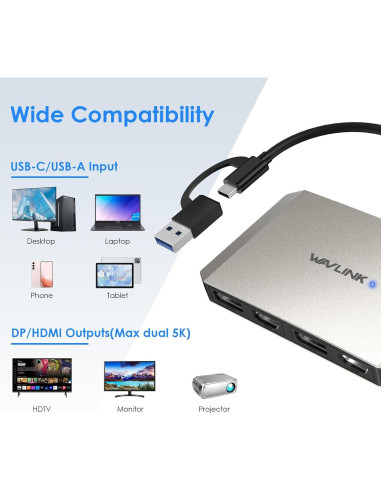 Adaptador WAVLINK USB 3.0 a Doble HDMI/DisplayPort 4K 60Hz