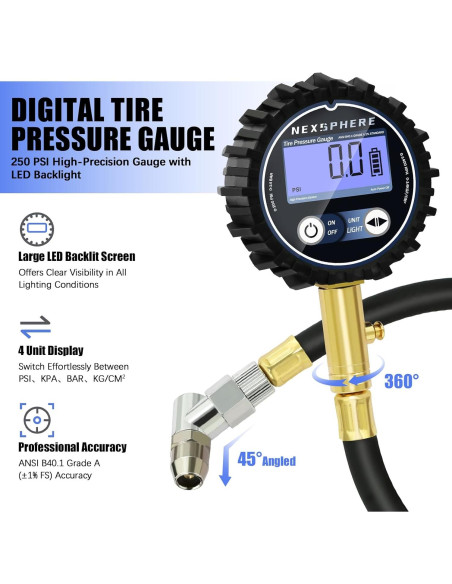 Medidor de Presión de Neumáticos Digital NexSphere 200 PSI
