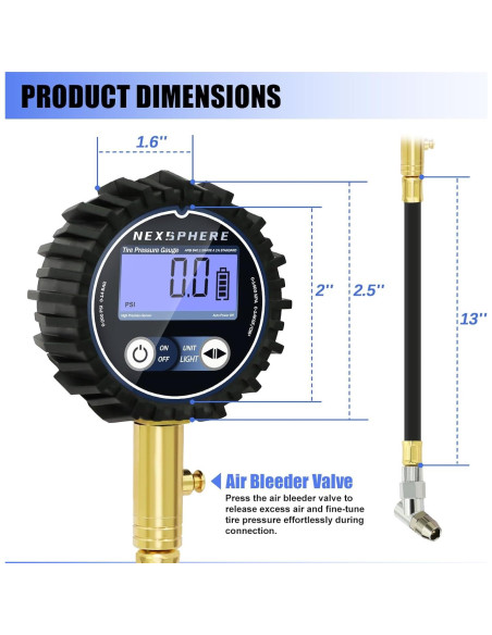 Medidor de Presión de Neumáticos Digital NexSphere 200 PSI