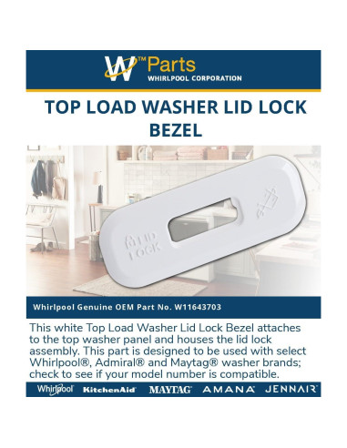 Bezel de Cerradura Tapa Lavadora Whirlpool W11643703 Blanco