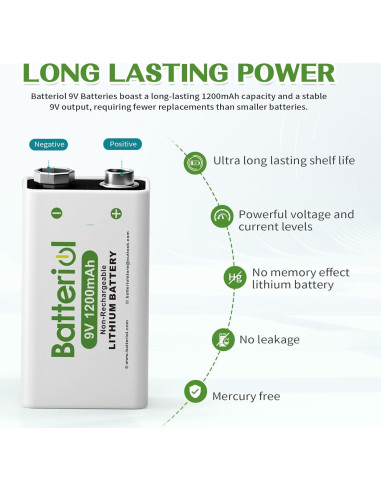 Baterías de Litio 9V Batteriol 1200mAh Paquete de 4