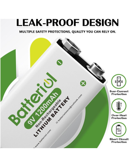 Baterías de Litio 9V Batteriol 1200mAh Paquete de 4 Baterías de Litio 9V Batteriol 1200mAh Paquete de 4