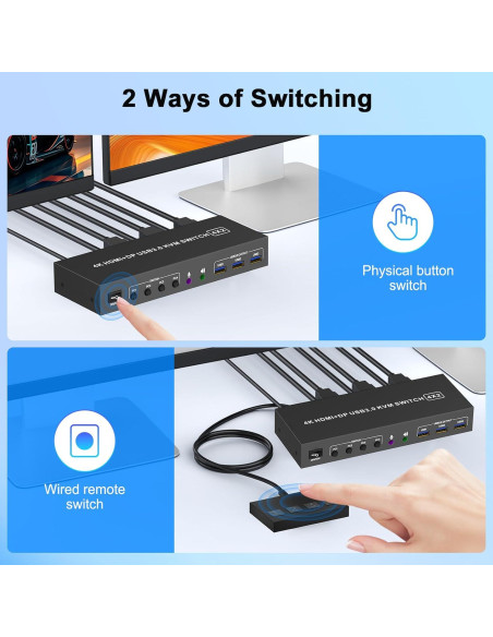 Interruptor KVM HDMI + DisplayPort 4 PCs 2 Monitores 4K Interruptor KVM HDMI + DisplayPort 4 PCs 2 Monitores 4K