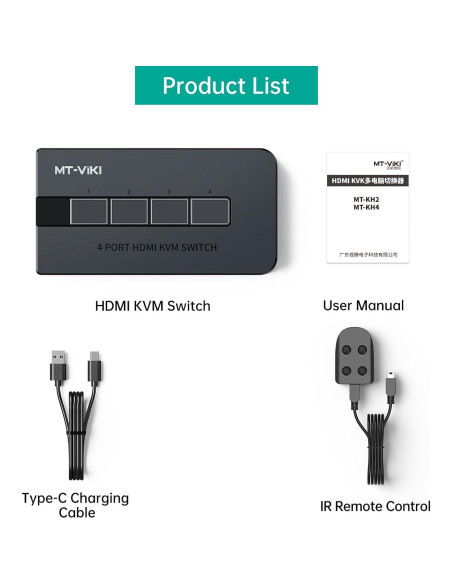 Interruptor KVM HDMI 4 Puertos MT-VIKI 4K@30Hz USB
