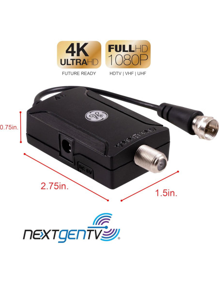 Amplificador de Antena de TV Interior GE 42178, Bajo Ruido, HD