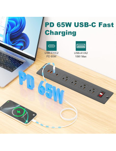 Tira de Energía Empotrada QBA 65W con 4 Salidas USB-C y USB-A 2