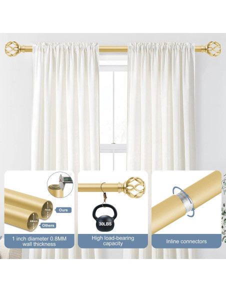 Barras de Cortina Doradas TVWOO Ajustables 45-114 cm con Remates