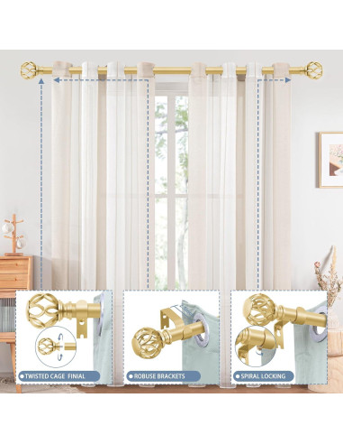 Barras de Cortina Doradas TVWOO Ajustables 45-114 cm con Remates