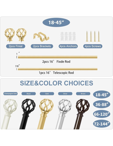 Barras de Cortina Doradas TVWOO Ajustables 45-114 cm con Remates