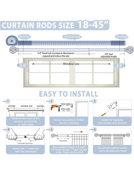 Barras de Cortina Doradas TVWOO Ajustables 45-114 cm con Remates
