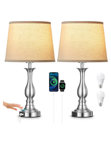 Lámpara de Mesa de Noche Lauag con Control Táctil y Carga USB