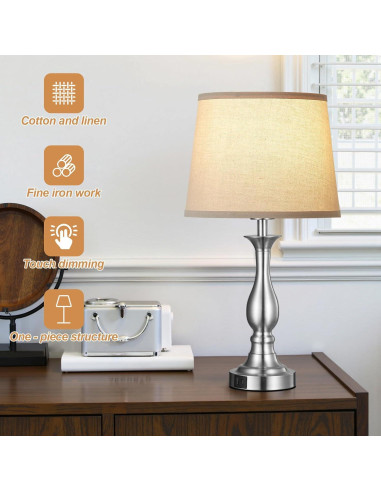 Lámpara de Mesa de Noche Lauag con Control Táctil y Carga USB