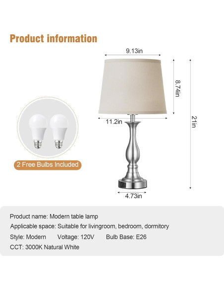 Lámpara de Mesa de Noche Lauag con Control Táctil y Carga USB