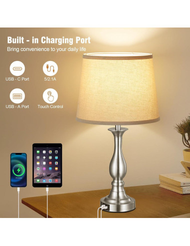 Lámpara de Mesa de Noche Lauag con Control Táctil y Carga USB