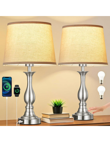 Lámpara de Mesa de Noche Lauag con Control Táctil y Carga USB