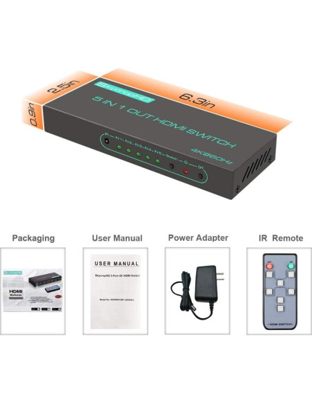 Interruptor HDMI SkycropHD 4K 5 en 1 con Control Remoto