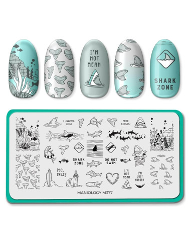 Placa de Estampado de Uñas Maniology M377 - Tiburones y Criaturas Marinas