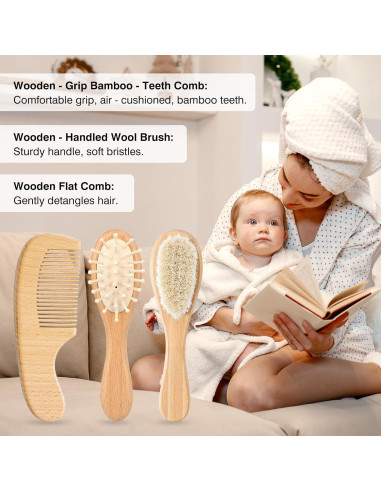 Juego de Cepillo y Peine de Madera para Bebés - 3 Piezas