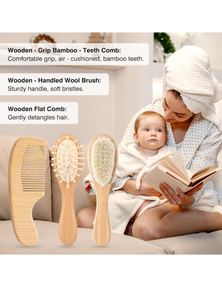Juego de Cepillo y Peine de Madera para Bebés - 3 Piezas