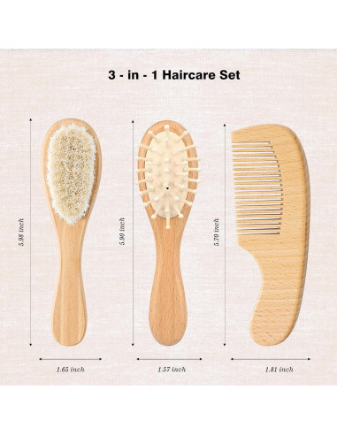 Juego de Cepillo y Peine de Madera para Bebés - 3 Piezas