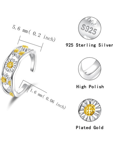 Anillo ajustable de plata esterlina 925 para mujer Boho