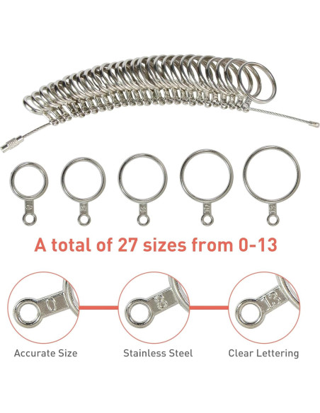 Kit de Medición de Tallas de Anillo 27 Piezas con Cinta Métrica