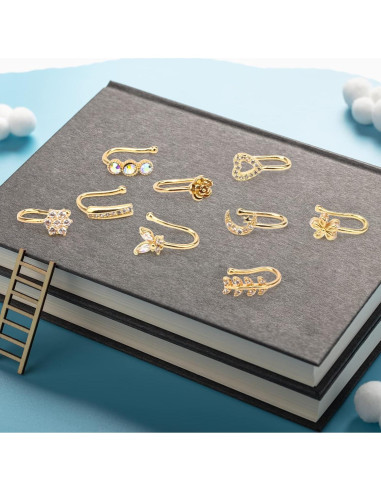 CrazyPiercing Anillo Falso de Nariz Clip 9 Piezas para Mujer