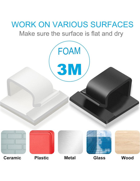 100 Clips Adhesivos para Cables TidyHelper Blancos - Pequeños y Grandes