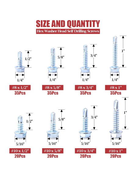 Kit de Tornillos Autoperforantes Hilitchi 220 Piezas Cabeza Hexagonal