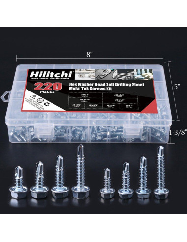 Kit de Tornillos Autoperforantes Hilitchi 220 Piezas Cabeza Hexagonal