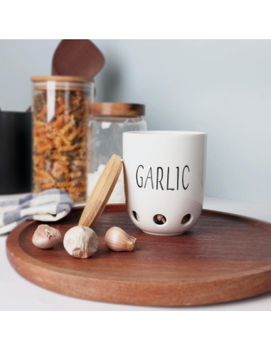 Contenedor de Ajo Cerámica HAOTOP con Tapa de Madera 422g