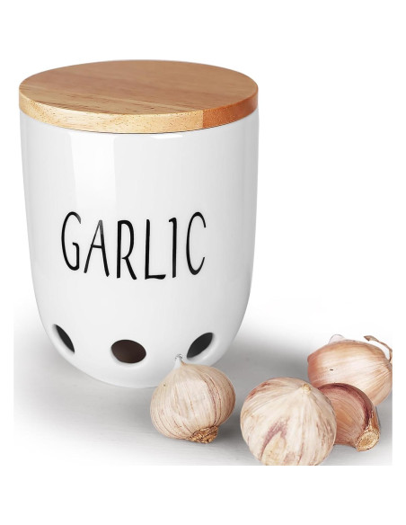 Contenedor de Ajo Cerámica HAOTOP con Tapa de Madera 422g