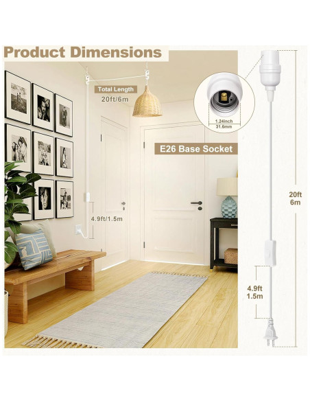 Cable de Extensión Colgante DiCUNO E26 6m con Interruptor - Paquete de 2
