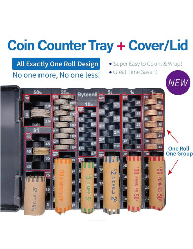 Contador de Monedas Byteen8 con Tapa - Organizador 530 Piezas