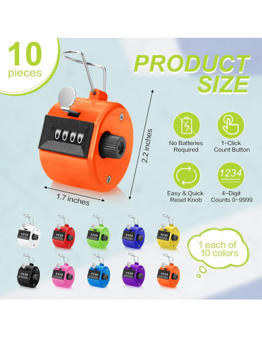 10 Piezas Contador Manual Tally PLUVAVA 4 Dígitos Multicolor