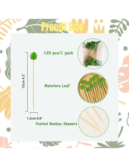 120 Palillos de Cóctel de Bambú Naturahand 12 cm Hoja Monstera