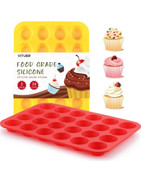 Molde de Silicona para Mini Muffin VITUER 24 Cavidades Rojo Amarillo Molde de Silicona para Mini Muffin VITUER 24 Cavidades Rojo Amarillo