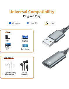 Adaptador de Audio USB A a Lightning LecLooc HiFi Gris 2