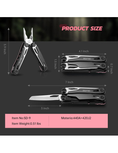 Cuchillo Multiherramienta SIUPRO SD-9 Rosa Plegable 14 Funciones