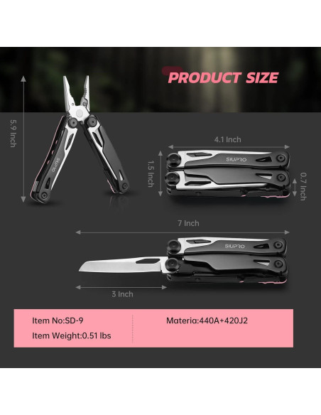 Cuchillo Multiherramienta SIUPRO SD-9 Rosa Plegable 14 Funciones
