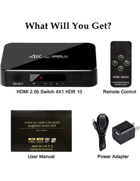 Conmutador HDMI 4X1 ENBUER 4K Ultra HD 60Hz Control Remoto
