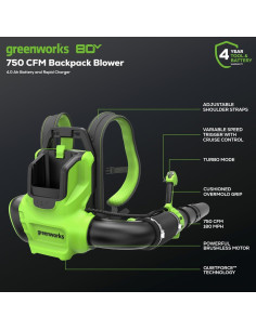 Soplador de Mochila Greenworks 80V 750 CFM Batería 4.0Ah 2