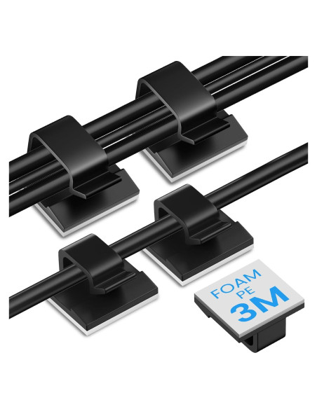 100 Clips de Cable Adhesivos TEZOP Negros 50 Pequeños y Grandes
