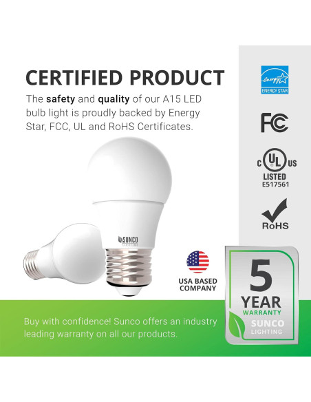 Sunco Paquete 10 Bombillas LED A15 E26 5000K Regulable