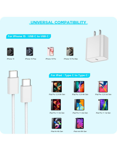 Cargador Rápido USB C 20W para iPhone 16/15 y iPad - 3 Piezas