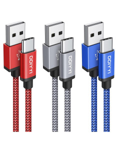 Cable USB C DDIYYI 0.91m Carga Rápida 3-Pack Rojo Gris Azul