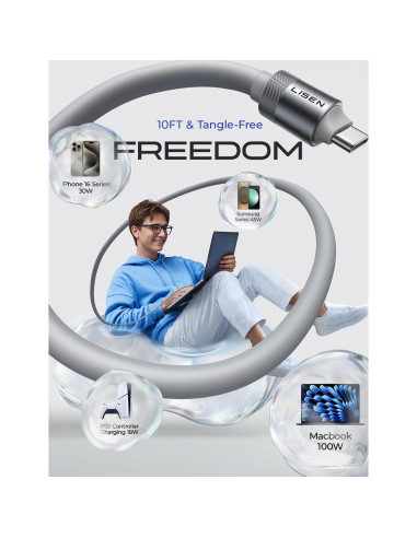 Cable USB C 3M LISEN 100W Carga Rápida Silicona Gris